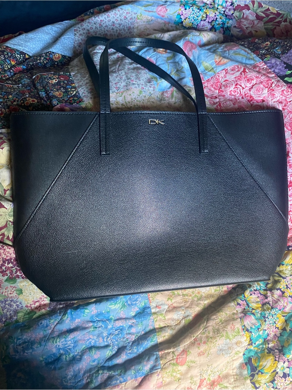 DKNY Black Pebbled Leather Tote with Gold Logo